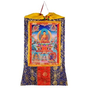 Thangka Shakyamuni Buddha Gautama Kunstdruck 2 mit Brokatrahmen 105 cm x 63 cm  