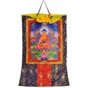 Thangka Shakyamuni Buddha Gautama Kunstdruck mit Brokatrahmen 105 cm x 63 cm  