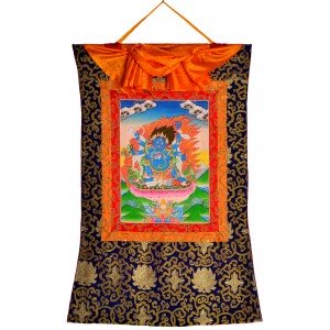 Thangka Mahakala handgemalt auf Leinwand gerahmt mit Tibeter-Brokat 58 x 85 cm 