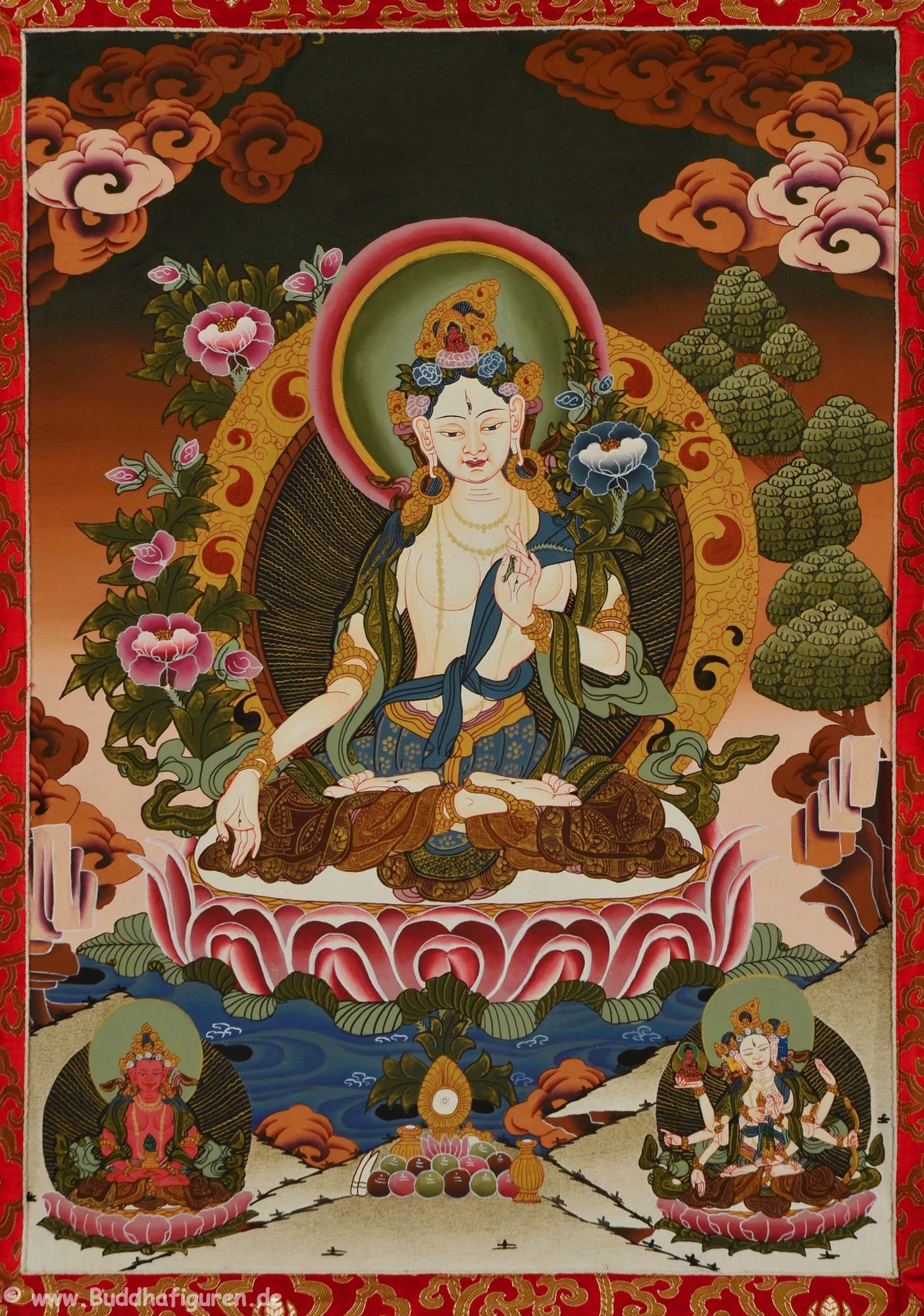 Weiße Tara Thangka Kunstdruck - Tibetischer Brokatrahmen 105x63cm Mit Vorhang
